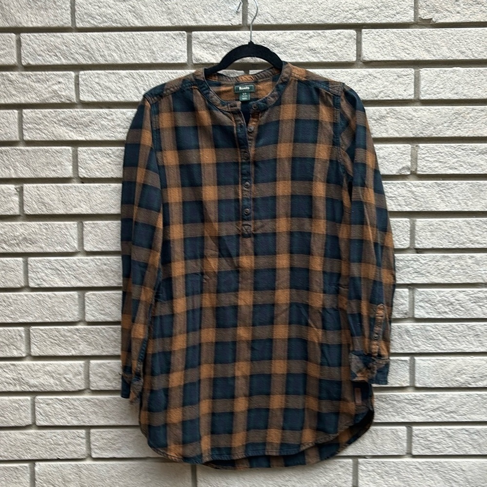 Roots Plaid Flannel Tunic Top Tan/Brown/Navy Sz S